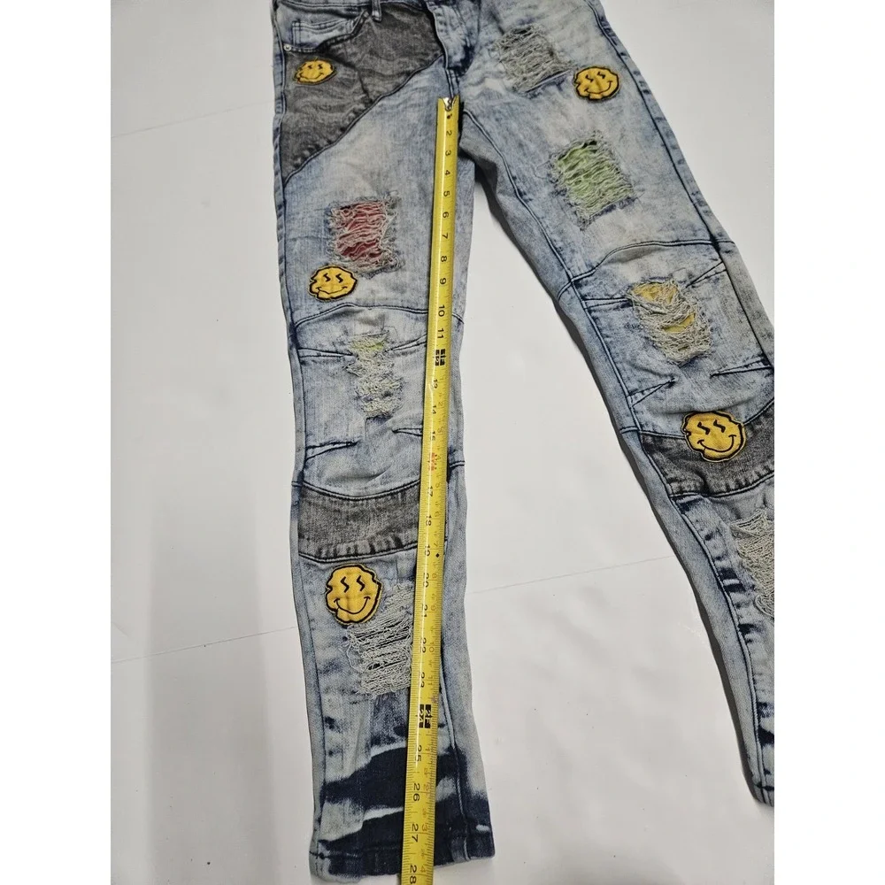 Rue 21 Prem Jeans Mens 26x30 Skinny Supreme Grunge Hippie Moto Acid Wash Patches